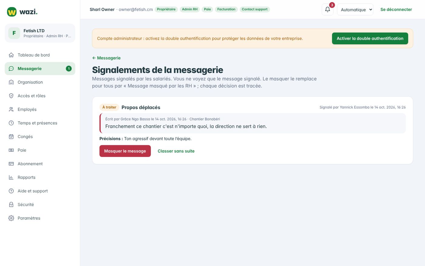 Wazi — Signalements de la messagerie