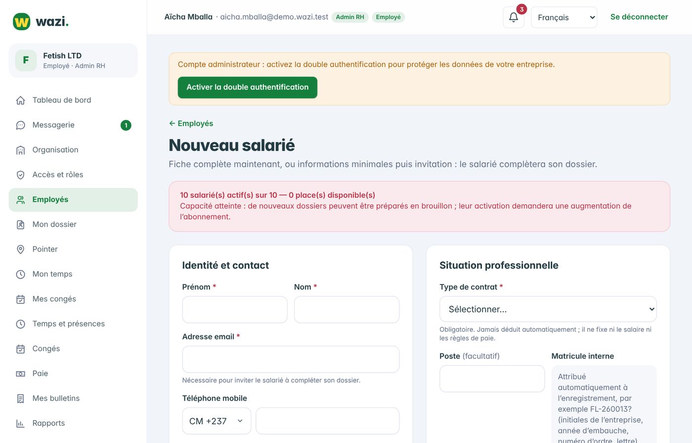 Wazi — Créer un dossier et inviter le salarié