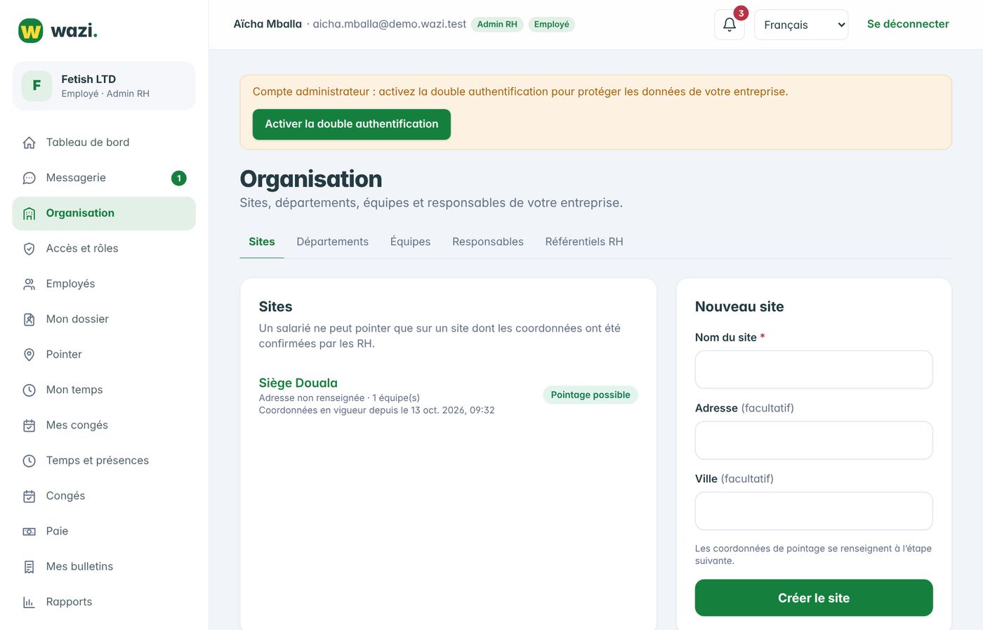 Wazi — Sites, équipes, responsables et rôles