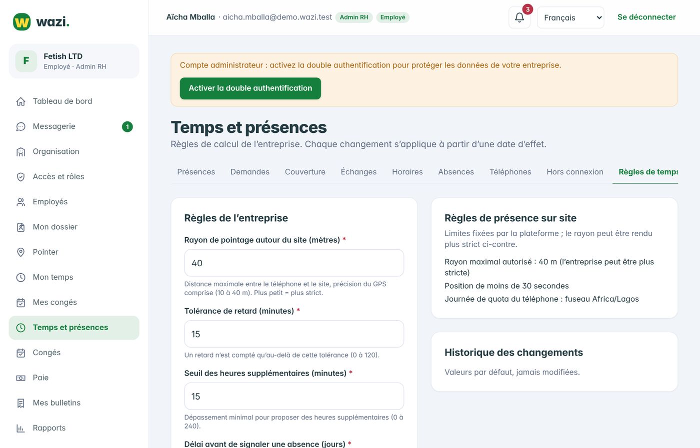Wazi — Règles de temps