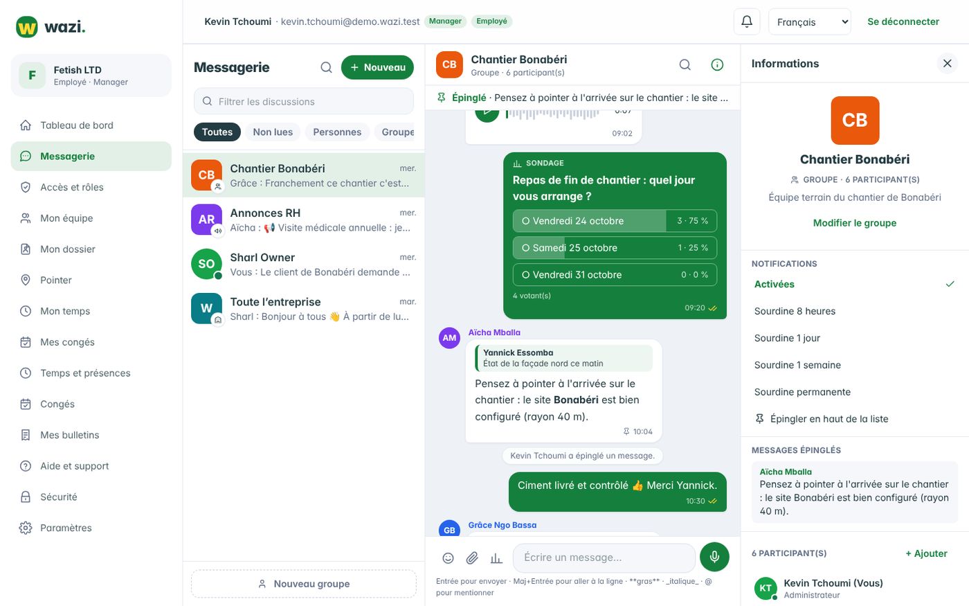 Wazi — Discussions directes et groupes
