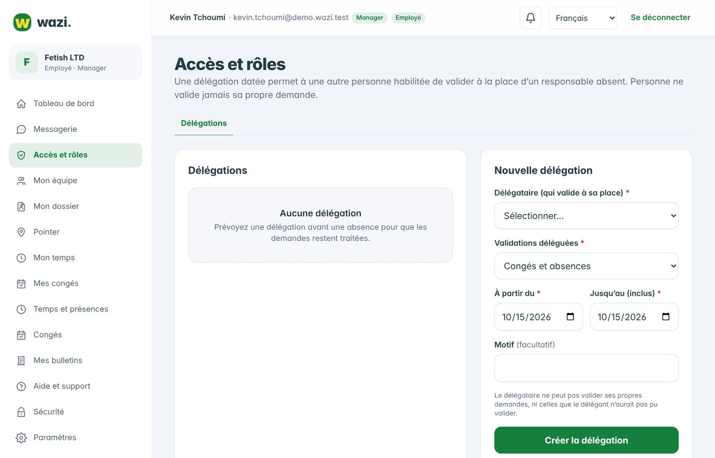 Wazi — Déléguer pendant une absence