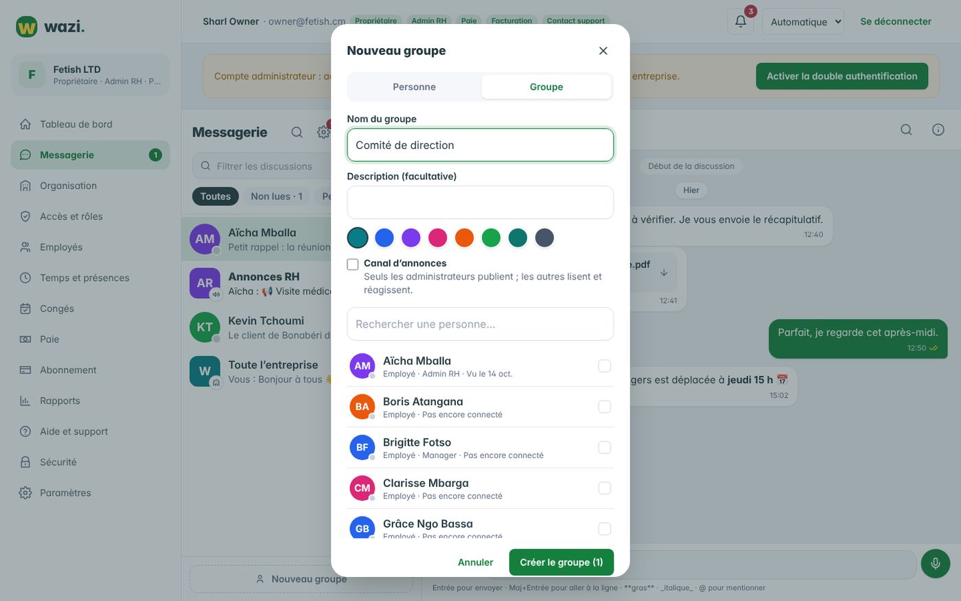 Wazi — Discussions directes et groupes