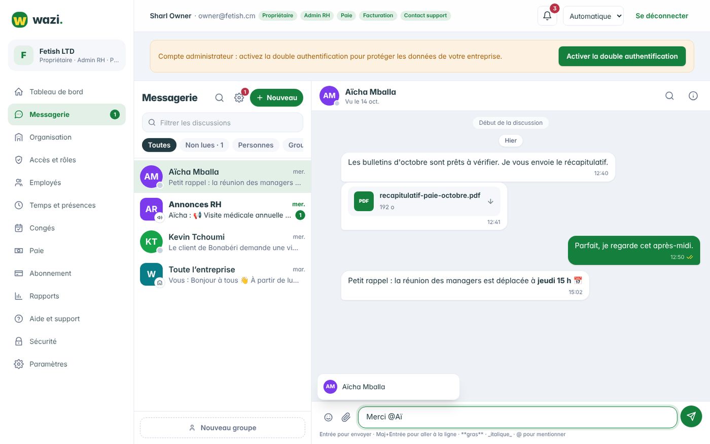 Wazi — Écrire, mentionner, joindre