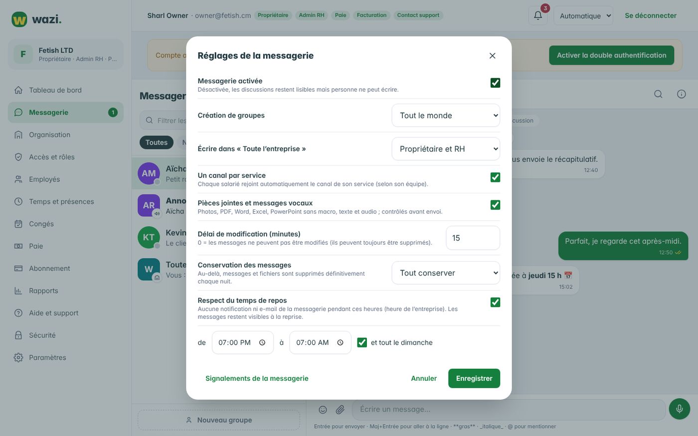 Wazi — Réglages de la messagerie
