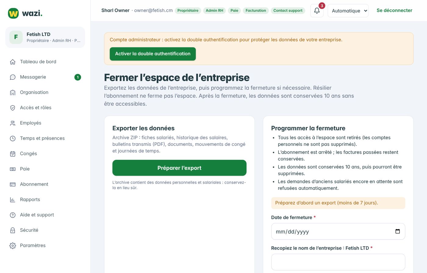 Wazi — Exporter les données ou fermer l’espace
