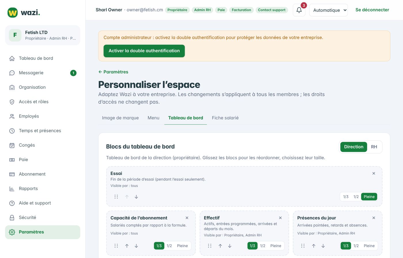 Wazi — Menu et tableau de bord par glisser-déposer
