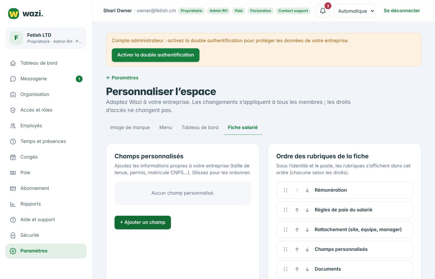 Wazi — Champs personnalisés de la fiche salarié