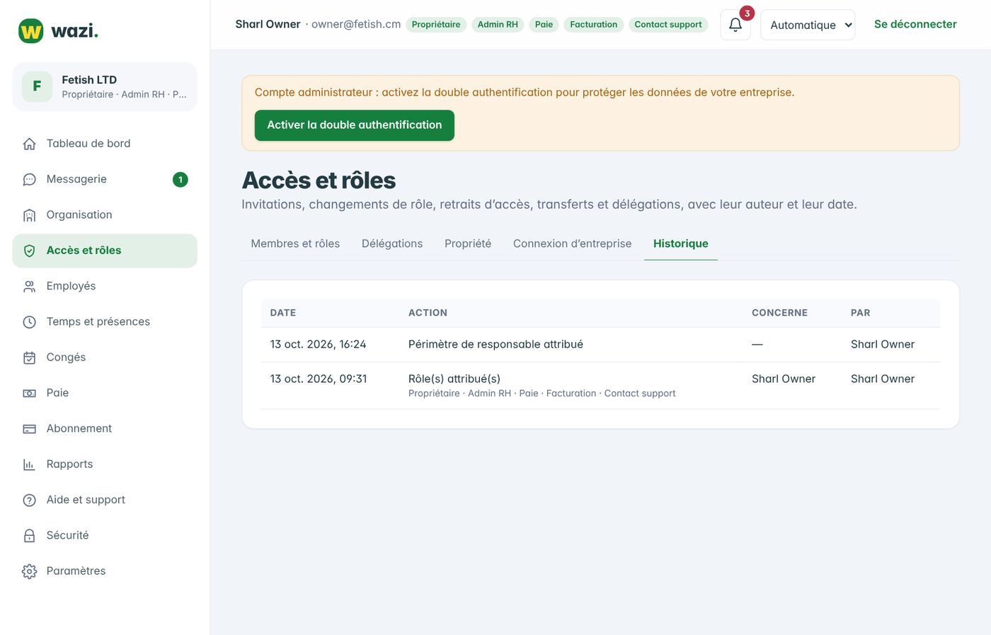 Wazi — Historique des accès