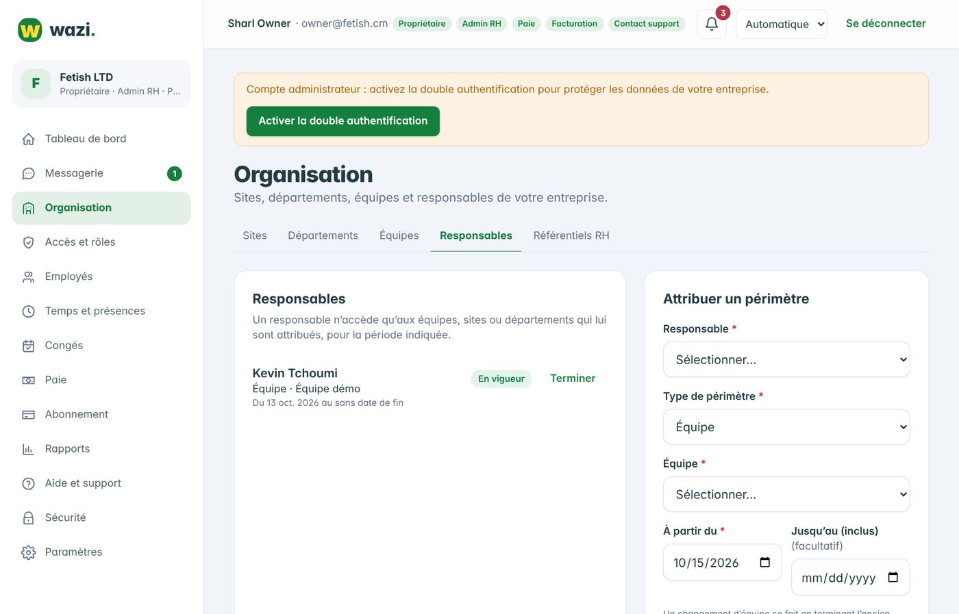Wazi — Responsables (managers) et périmètres