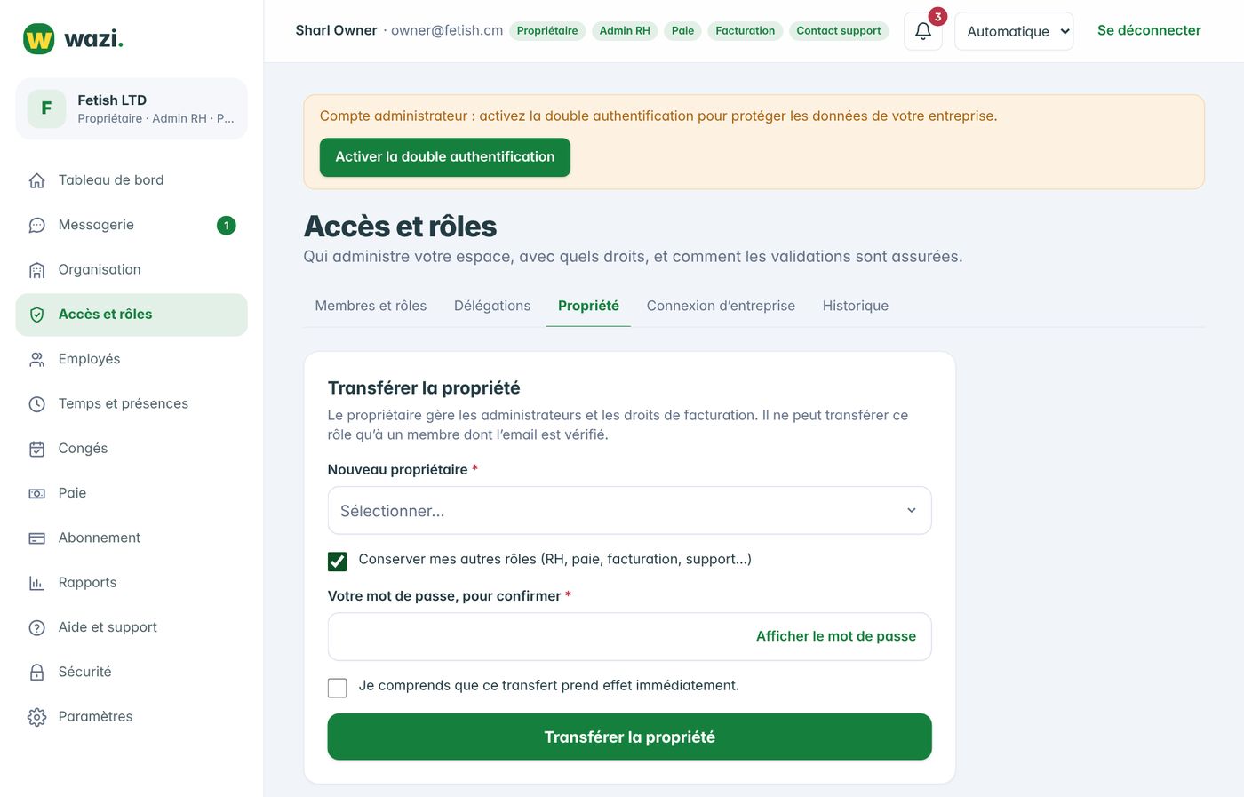 Wazi — Transférer la propriété