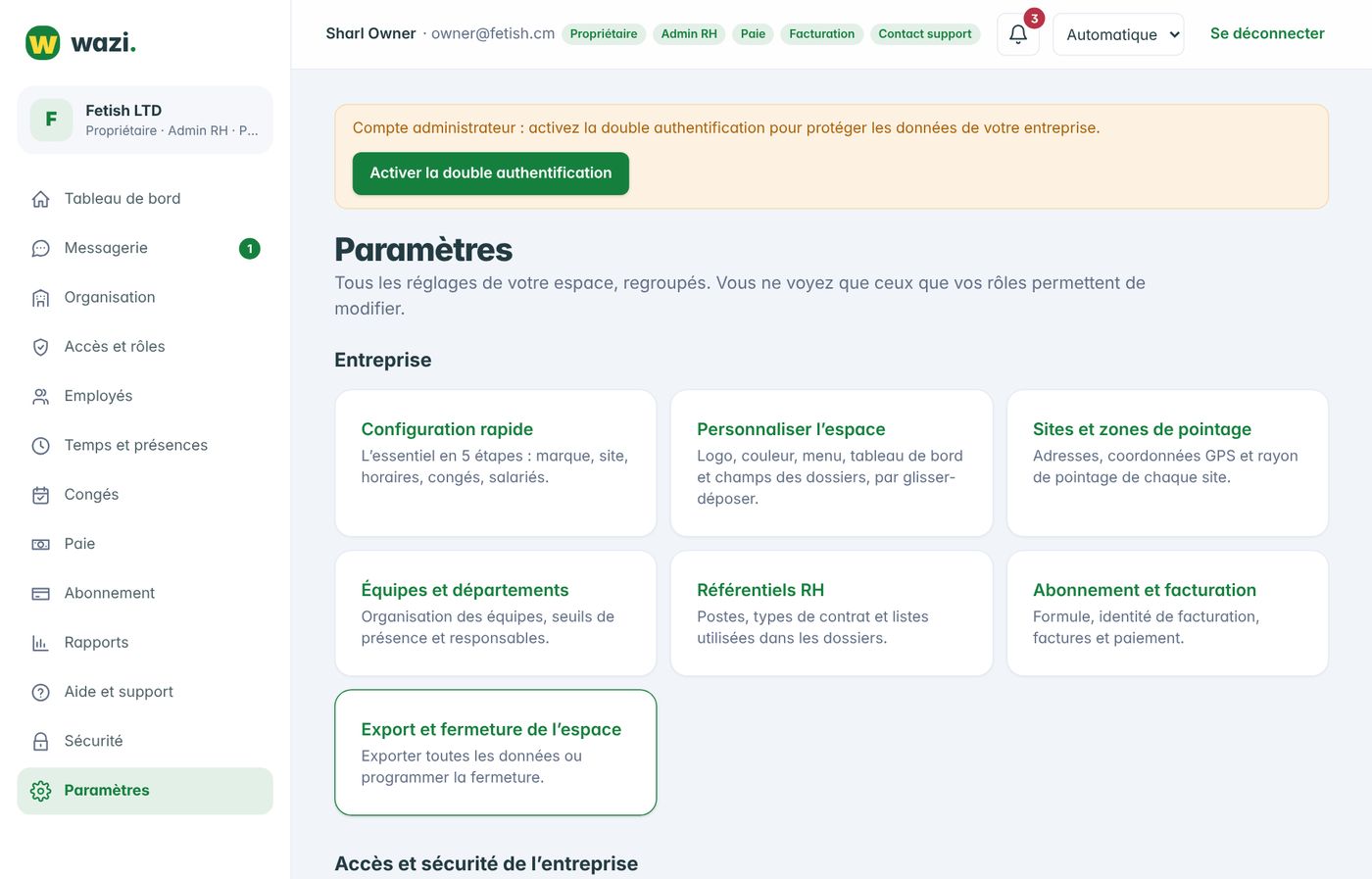 Wazi — Le menu Paramètres