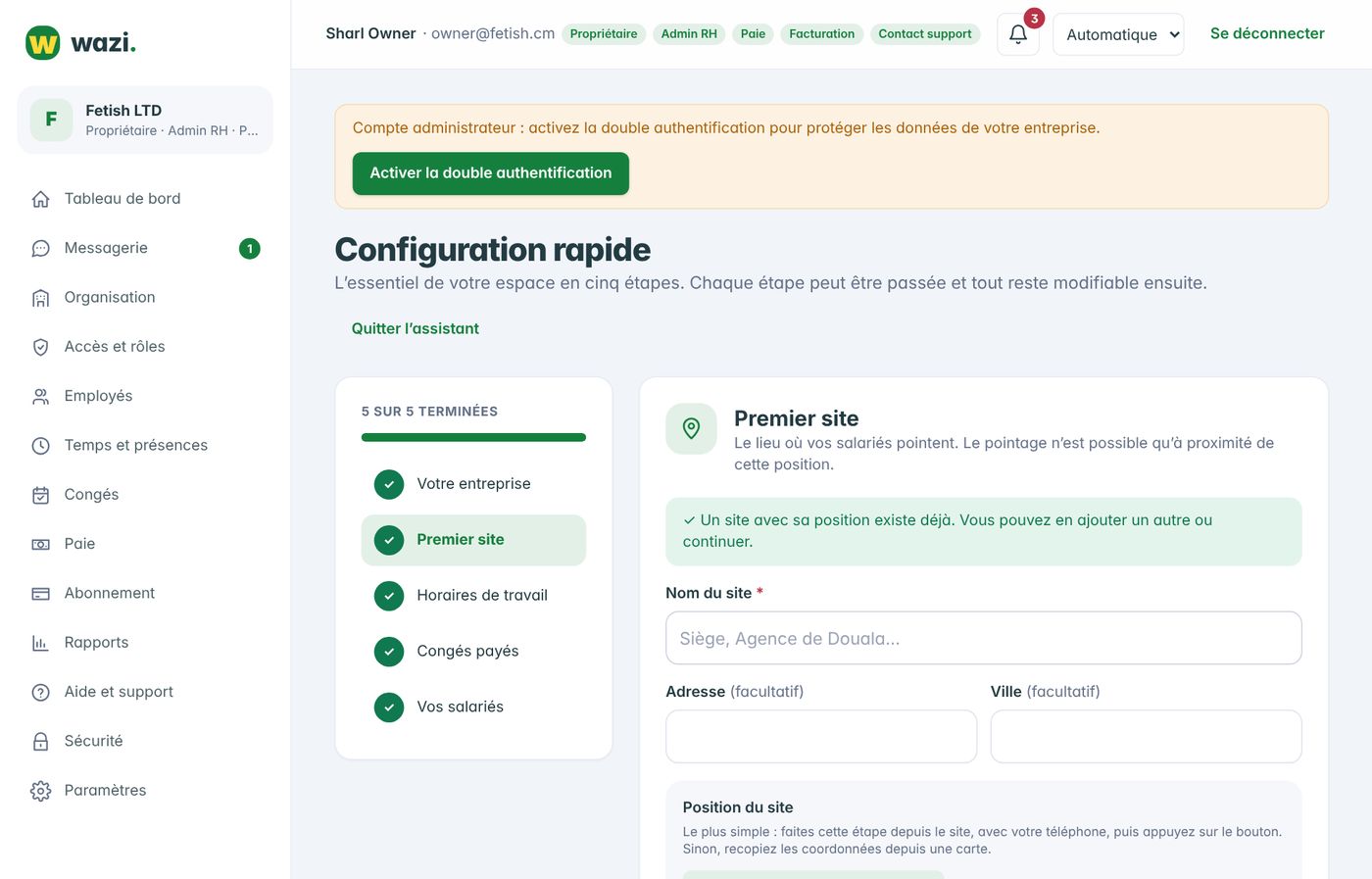 Wazi — Configuration rapide en 5 étapes