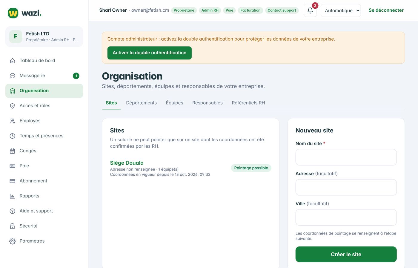 Wazi — Sites et zones de pointage