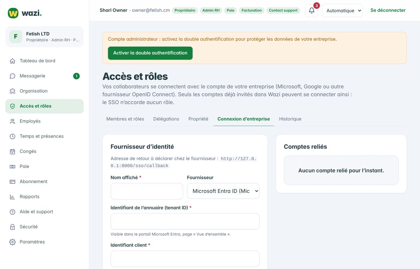 Wazi — Connexion d’entreprise (SSO)