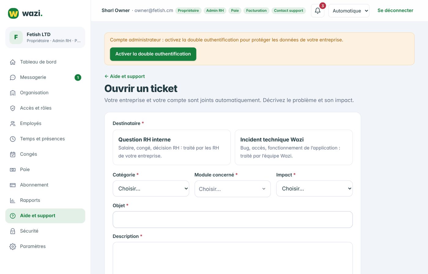 Wazi — Ouvrir un ticket pour un salarié
